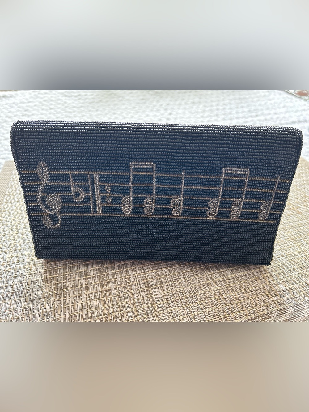 Cute Beaded Music Notes Black Clutch Purse by Albert Elovitz